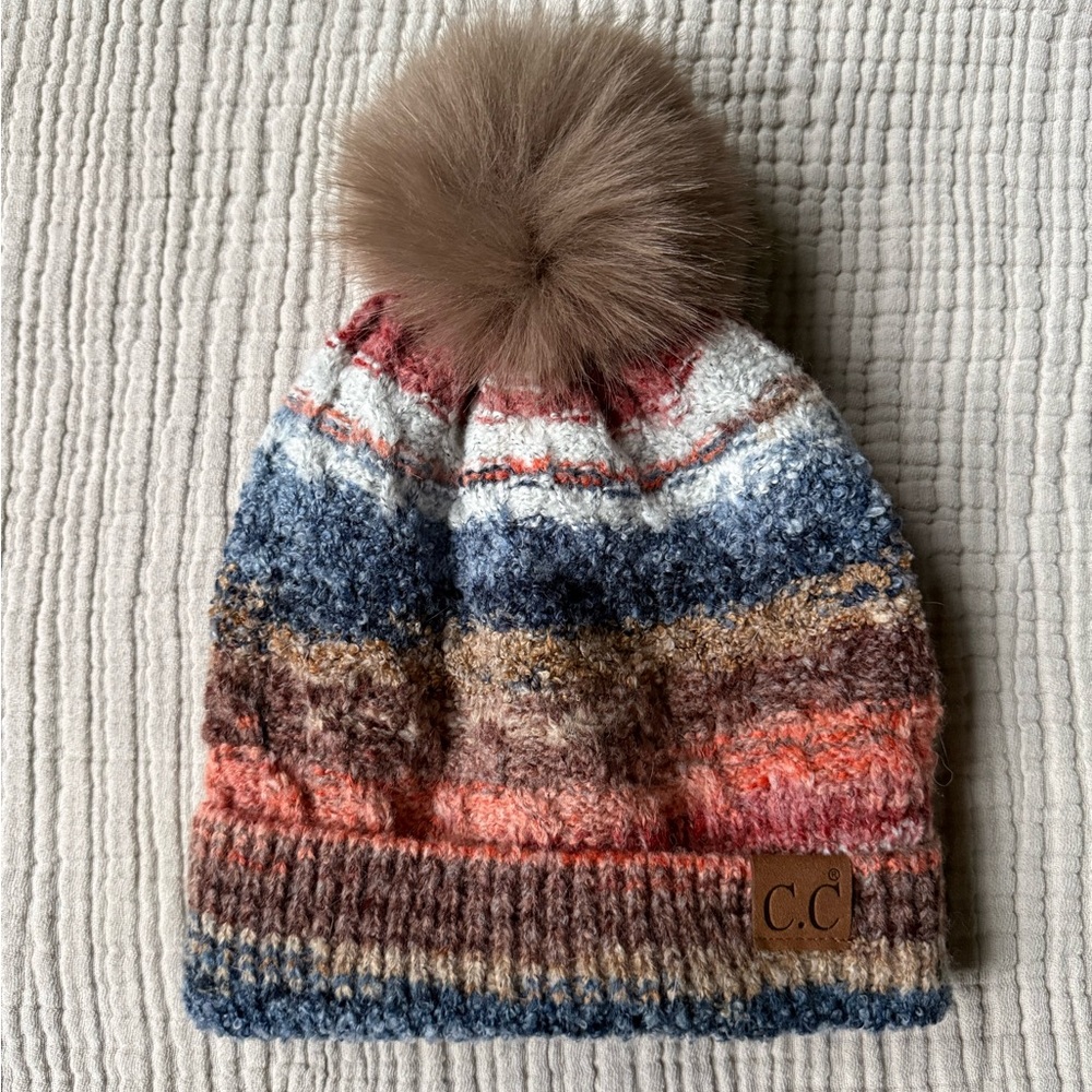 C.C Striped Knit Beanie with Pom - Picture 1 of 1